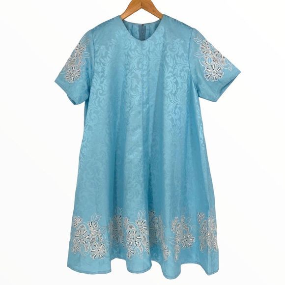 80’s Home Made Light Blue Embroidered House Dress - Picture 1 of 11